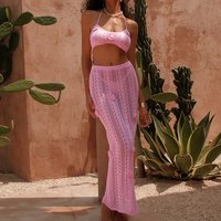 Summer Crochet Skirt Suit Women Bandage Knit Bra Top + Long Skirt 2 Pieces Set Sleeveless Halter Top Chic Maxi Skirt Suit Outfit