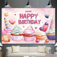 1pc Watercolor Sweet Cupcake Happy Birthday Party Backdrop Banner for Custom Name Birthday Decoration