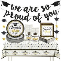 Graduation Party Decorations Tableware Black Gold Paper Plates Cups Napkins Tablecloth Banner for Congrats Grad Party Supplies
