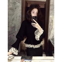 plus Size Women's Black Knitted Sweater Waist-Cinching Fashionable Spring Autumn New Style Unique Beautiful Sleeve Ruffle Swe...