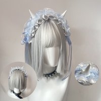New Arrival Gothic Subculture Demon Horn Headband Y2K Water Blue Lace Bow Headpiece Fluffy KC Sweet Hair Accessories