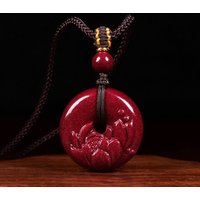 Fashion Red Cinnabar Jade Lotus Safety Buckle Pendant Necklace Jewellery Chinese Hand-Carved Healing Fashion Women Luck Gift