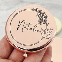 Custom Name Floral Compact Mirror Elegant Rose Golden Finish Vintage-Inspired Pocket Makeup Mirror with Personalized Inscription