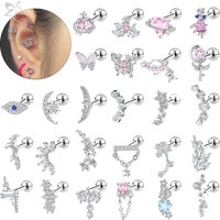 ZS 1PC 18G Stainless Steel Stud Earrings for Women Butterfly Heart Moon Shape Earring Simple Korean Ear Helix Cartilage Piercing