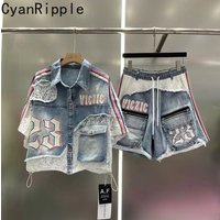 Fashionable New Summer Women Set Hollow Out Lace Splicing Denim Loose Cardigans Shirt All-match Elastic Waist Casual Short Jeans