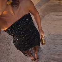Elegant Off Shoulder Pleated Party Evening Dress Summer Sexy Slim Glitter Mini Dress Black Tassel Tube Tops Sequins Prom Gowns