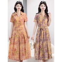 Elegant Floral Print Midi Dress for Middle-Aged Mothers Summer Fashionable Shirt Dress Slimming Waist Short Sleeve Turn-down ...