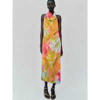 Summer New Arrival Women's Floral Print Silk Satin Gown with Hanging Neck Collar Midi Dress Fashionable High Waist Long Skirt