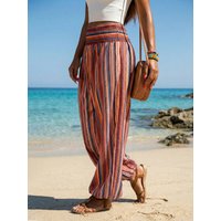 Women's Black Striped Smocked High Waist Beach Casual Wide Leg Tapered Ankle Dress Capris