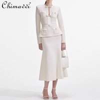 French Elegant Style Commuting Round Neck Beaded Bow Belt Slim Knitted Top High Waist Bodycon Skirt Two-Piece Set for Women