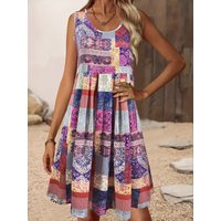 Women's Boho Patchwork Print Sleeveless Dress, Summer Casual Round Neck Loose A-Line Sundress