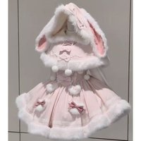 Japanese Sweet Lolita Style 2 Piece Set Women Kawai Bow Bunny Hooded Cloak Coat Pink Plush Party Mini Dress Korean Y2k Cute Suit