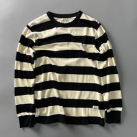 Heavyweight Pure Cotton Long Sleeve T-Shirt Men's Vintage Nautical Striped Base Layer Shirt Loose Fit Black White Crew Neck
