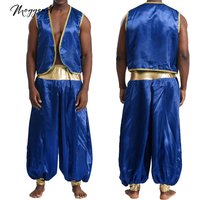 Mens Arabian Prince Stain Vest Shiny Gold Trim Open Front Waistcoat Indian Cosplay Costume with Long Pants for Carnivals