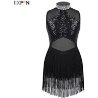 Kids Girls Shiny Sequins Tassel Latin Jazz Dance Dress Figure Skating Mesh Leotards Dancewear Party Prom Performance Costume