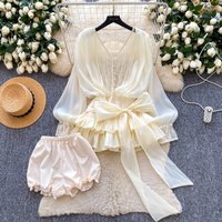 Two Pieces Women Lace Spliced Mesh Dresses Solid Mini Length Dress A Line Elegant Shorts Bow Waist Cinch Short Pants 2025 Summer