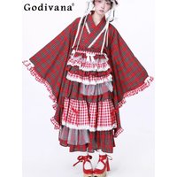 Spring New Japanese Retro Cute Red Plaid Long Sleeve Shirt Fashion Versatile Loose Age-reducing Lace V-neck Lace-up Shirts