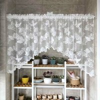 Elegant Romantic Lace Butterfly Flower Semi-Transparent Kitchen Curtain with French Rod Pocket Design for Home Decor