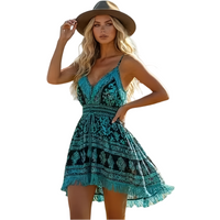 Printed Design Summer Women's Retro V-Neck Tassel Sleeveless Short Dress - Bohemian Style, Suitable for Vacation Travel, Music Festivals, Country Picnics, Seaside Walks, Etc