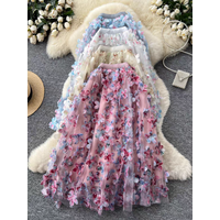 French Romance 3D Floral Beading Midi Skirt 2026 Spring Summer Women High Waist A-Line Flowy Maxi Skirts for Boho Chic