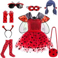 Girls Red Polka Dot Ladybug Costume With Headband Accessories For Kids Halloween Birthday Party Dress Up