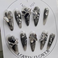 10PIC pure manual pressing almond shaped nail art, beautiful fake nails, gray black thorn heart nail art, suitable for women