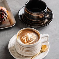 Rustic Ceramic Coffee Cup and Saucer Set - Artisanal Latte Art Mug with Golden Rim, Vintage Striped Design for Espresso, Tea