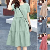 ZANZEA Stylish Summer Striped Dress Women Casual O-Neck Short Sleeve Sundress Drawstring Waist A-Line Holiday Midi Dresses Robe