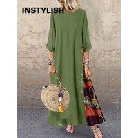 Women Vintage Print Patchwork Maxi Dress Boho 3/4 Sleeve Oversized Long Dress Casual Harajuku O Neck Loose Dress Elegant Robe