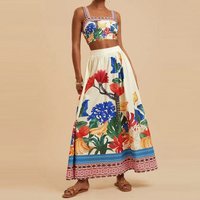 Women Vintage Halter Tank Tops&Half Skirts Sets Summer Holiday Tropical Plant Printed Outfits Casual High Waist Half Skirts Sets