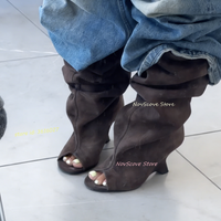 Peep Toe Suede Wedges Mid-Calf Boots Sewing Sexy Women Classic Party Daily Single Shoes Brown Classic Wrinkles Booties