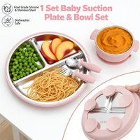 4-teiliges Baby-Fütter-Set mit Saugnapf-Teller, Schüssel, Gabel und Löffel - Edelstahl Baby-Fütter-Set für Selbstständiges Essen