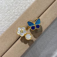 Hot Luxury Brand Real 925 Sterling Silver Open Ring Natural Shell Clover Flower Butterfly Chain Exquisite Couple Women Jewelry