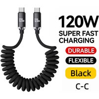 120W Spring Car Charger Cable USB C to Type C 5A Fast Charging Retractable Cord for iPhone 15 16 17 Samsung Xiaomi Huawei