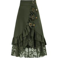 Fashionable Gothic Style Skirt with Lace Splicing and Ruffles in Solid Color Pirate Style
