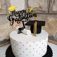 Black Acrylic Happy Graduation Cake Topper with Gold Cap & Diploma, DIY Graduation Party Cake Decor