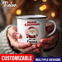 Customizable Christmas Enamel Mug for Kids – Santa Claus Design with "Merry Christmas" Personalization, Perfect Holiday Gift