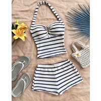 Summer striped halter-neck waffle knit suit - a sexy beach outfit for vacation girls.