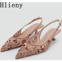 Hlieny Handmade Embroidered Mesh Slingback High Heels Sandals For Women Designer Shoes Woman Elegant Style Wedding Party Pumps