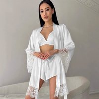 Women's Sexy Night Gown Robe V-Neck Satin Lace Bathrobe Half Sleeve Nightdress Female French Sexy Silky Satin Sleepwear