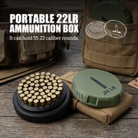 Compact, stackable ammunition storage box that holds 50 rounds of 22LR ammunition, making it easy to carry.