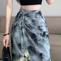 Ink Painting Chiffon Skirts for Women's Summer One-Piece Irregular Long Skirts Elegant High Waist Lace Up Skirts Female Clothing