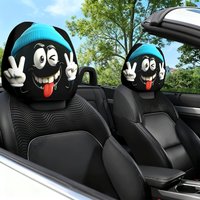 2pcs Blue Hat Cute Expression Themed Printed Car Seat Cushion Headrest Neck Pillow Cover - Featuring an Adorable Design