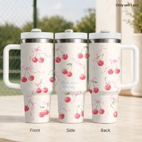 Kawaii Cherry Pattern Vacuum Flasks 40oz Stainless Steel Insulated Tumbler with Handle & Straw Leakproof Travel Mug