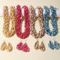 Bohemian Fashionable Simple Multi layer Rice Bead Necklac Earrings jewelryTie Neck Women's Jewelry Set