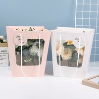 Trapezoidal Windowed Tote Bag Doll Bouquet Packaging Gift Paper Bag Flower Potted Plant Paper Bag Transparent Flower Tote Bag
