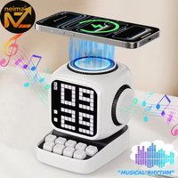Cute Robot Style Alarm Clock with Bluetooth Speaker 15W Wireless Charging and Sleep Aid White Noise Function Desktop Decoration