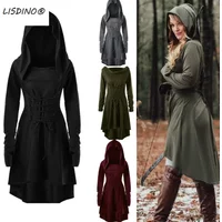 Medieval Cosplay Renaissance Archer Costumes Hooded Robe Lace Up Pullover Long Hoodie Dress Cloak Halloween Party
