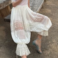 Vintage Women's Long Lace Bloomers Casual Loose Fit Stylish Solid Lace Floral Drawstring Mid Rise Crop Pants