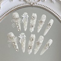 10 pieces of hand-pressed long almond-shaped nails, beautiful false nails, high-end wedding white gauze, suitable for women